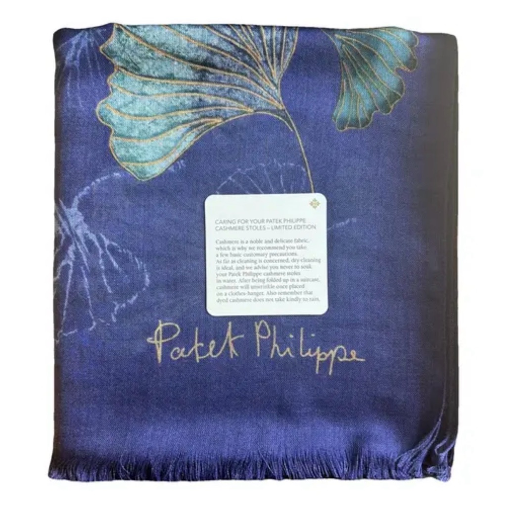 Patek Philippe Navy And Teal Ginkgo Silk Cashmere Stole Limited Edition For Vip